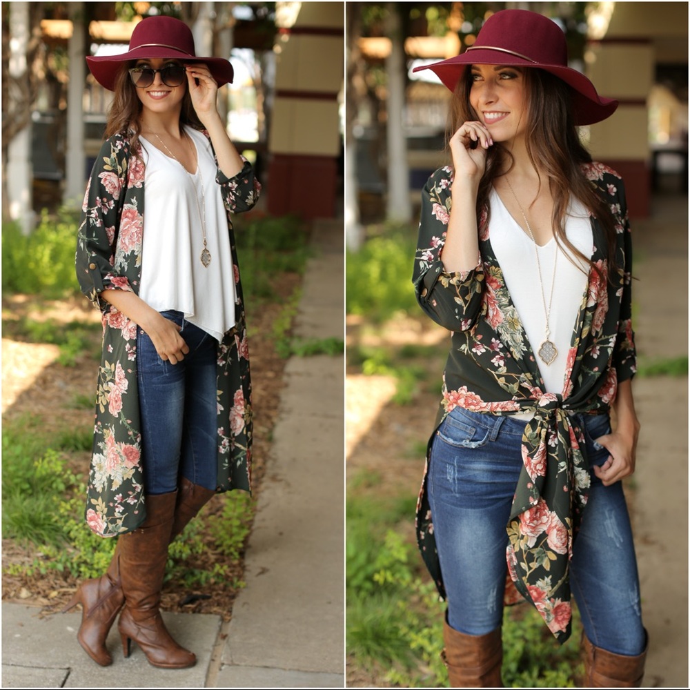 Olive Floral Print Tie Front Cardigan